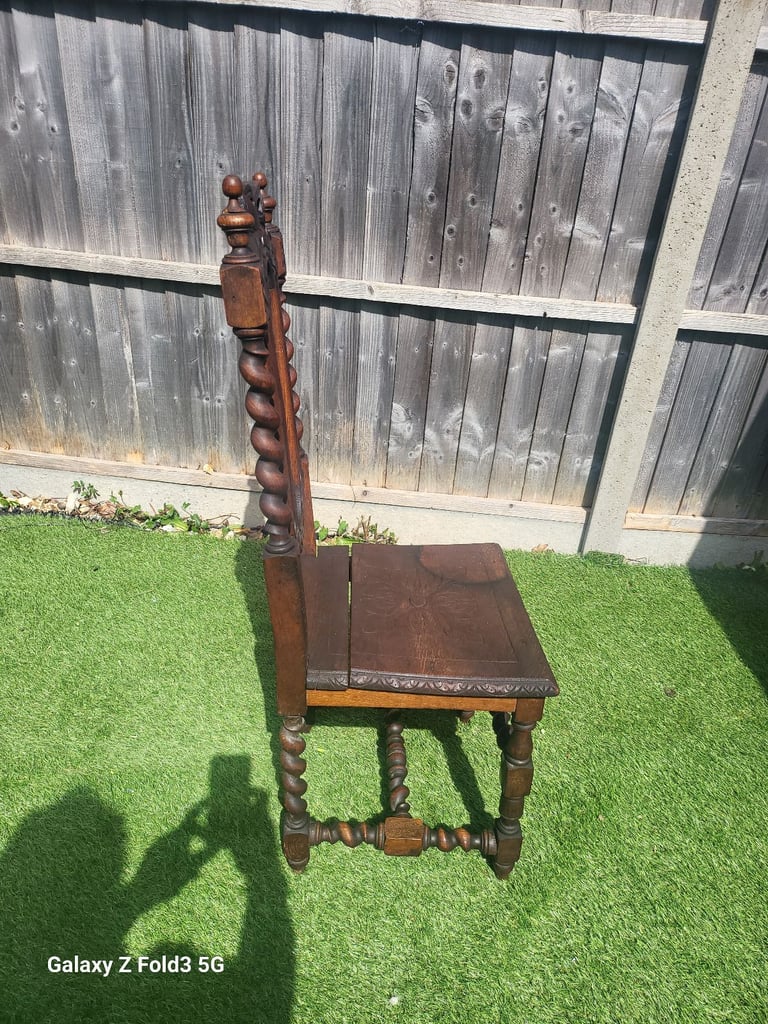 Antique Victorian High Back Heavily Carved Barley Twist Oak Chair Furniture