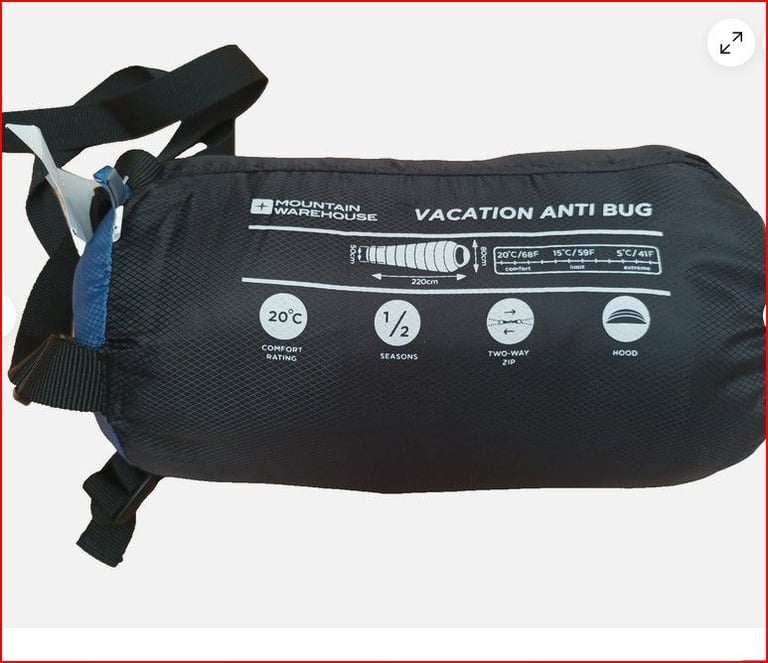 Mountain Warehouse Vacation Anti Bug Mummy Sleeping Bag Built in Mosquito Hood.