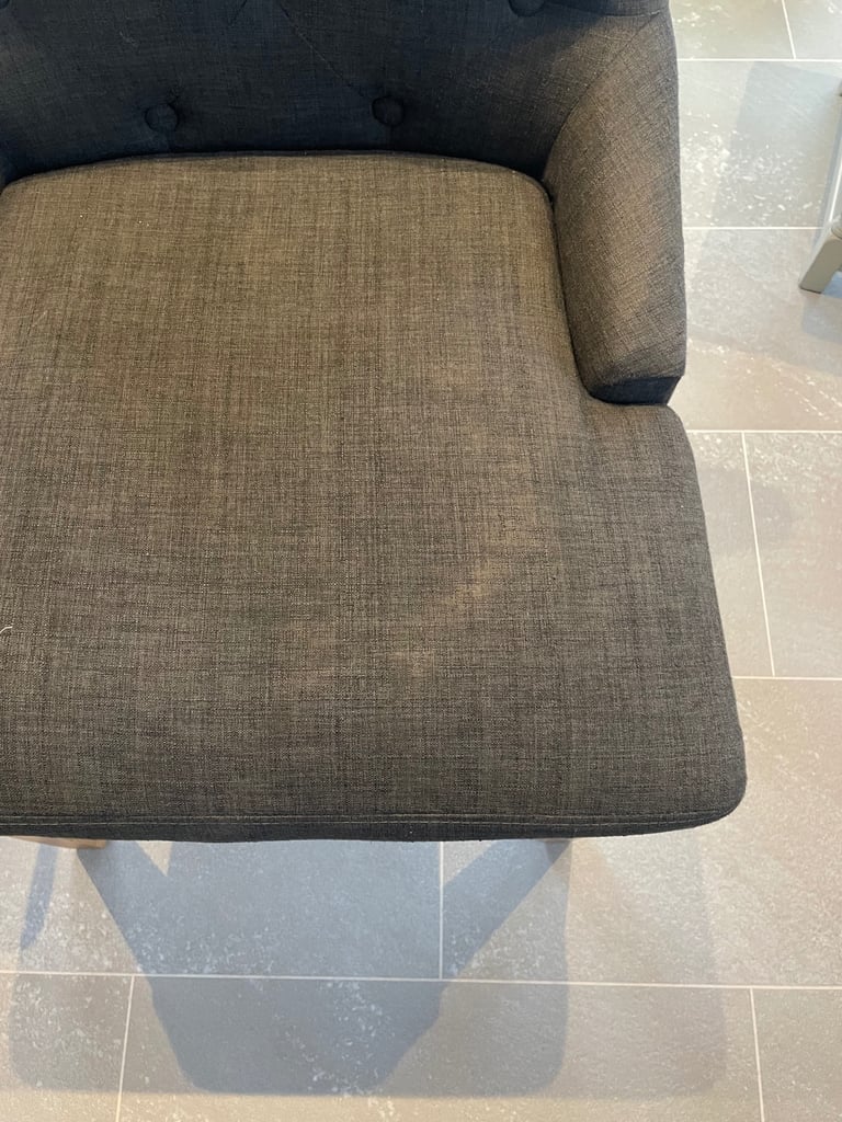 4 Grey fabric button back dining chairs with oak legs 