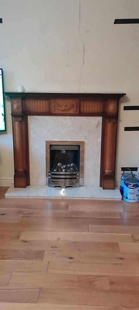 Solid Oak fire surround and marble hearth and backing