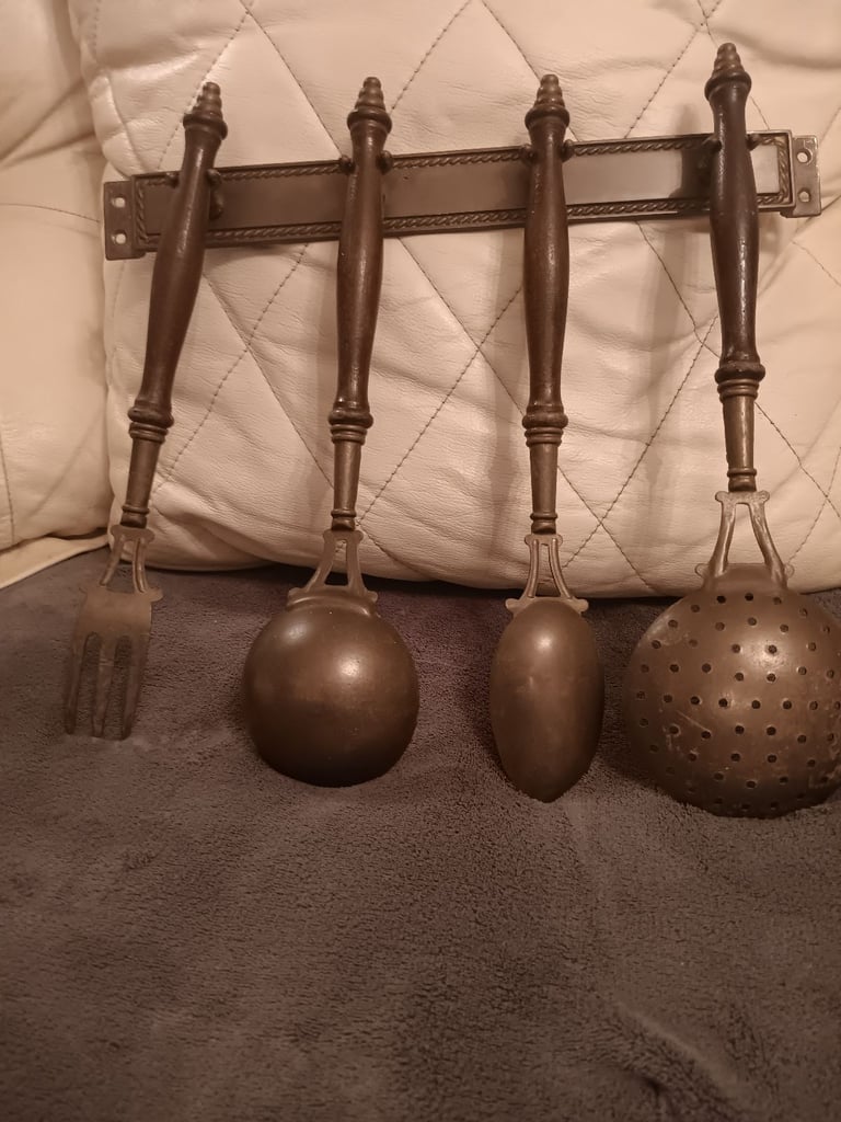 Antique Brass & Wood Kitchen utensils 