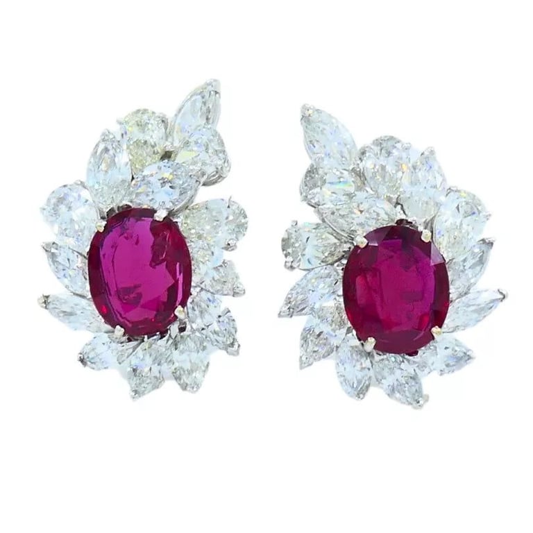 Ruby EARRINGS Cluster Diamond 18k Gold Mozambique Certified Estate Jewelry