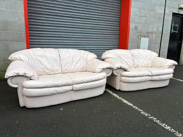 Cream Leather 2 and 2 Seater Sofas 