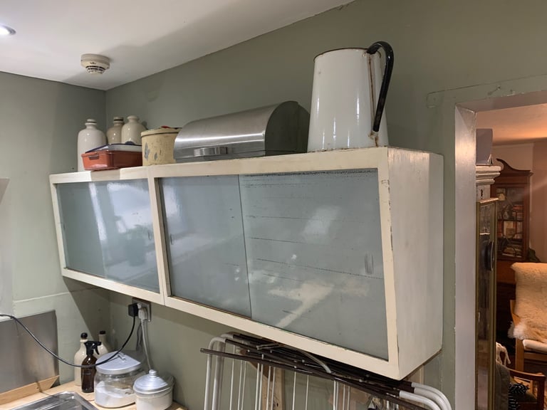 image for Vintage 1950s 60s British Kitchen Wall Cabinets – Glass Sliding Doors