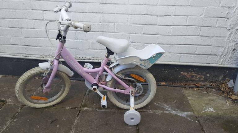 image for Girls Pink Unicorn Bike 4-6years - Outdoor Play Bicycle Stabilisers & Doll Carry