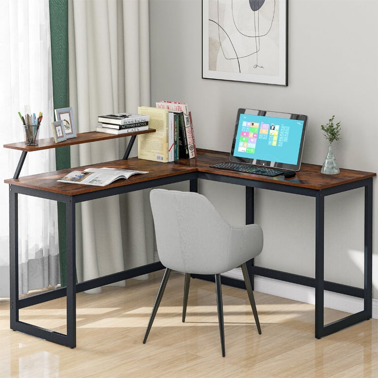 NEW L-Shaped Corner Computer Desk Industrial Home Office Study Workstation PC Table
