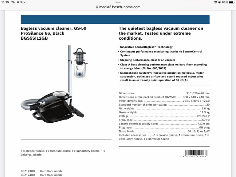 Bosch GS 50 GS-50 ProSilence 66 bagless cleaner Black BGS5SIL2GB