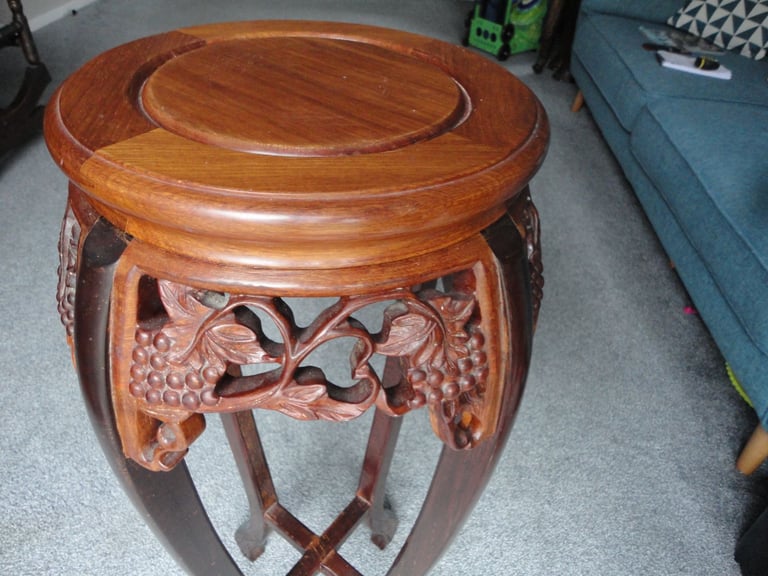 Asian hardwood chinoiserie, hand carved plant pot pedestal table, round wooden top