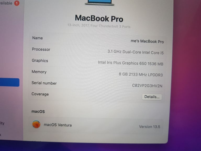 macbook pro a1706 proessor dual core intel core i5 3.1ghz 8g memory intel hd graphic