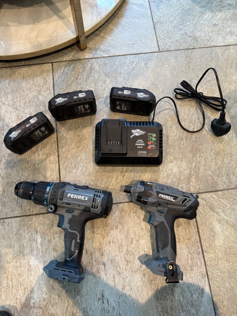 Drill, impact driver with three batteries & charger