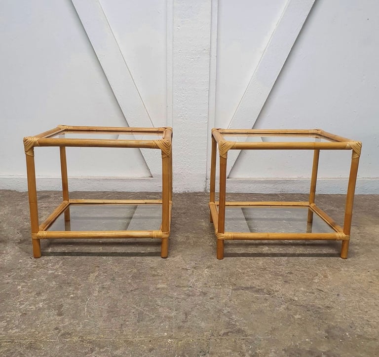 Pair of Vintage Bamboo Glass Top Bedside Tables 