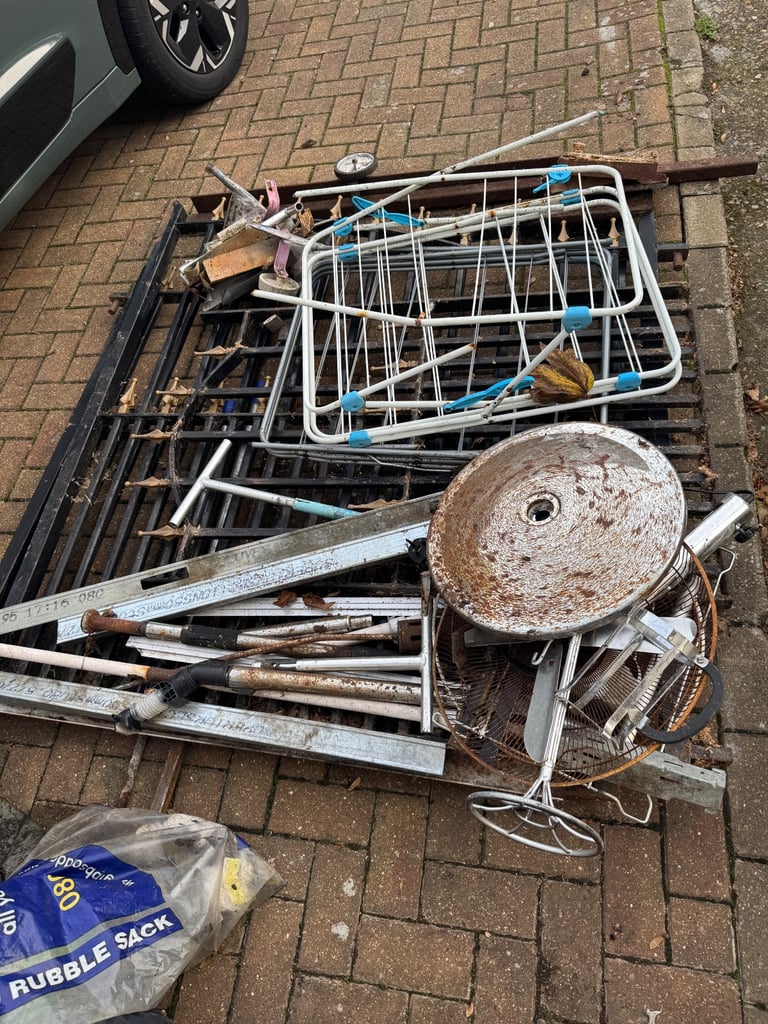 Scrap metal, empty glass bottle 
