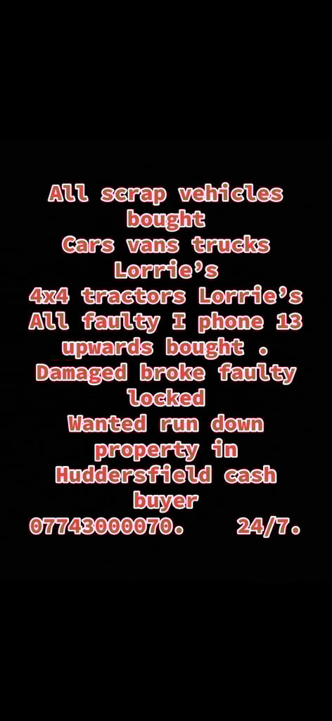 Scrap cars and vans bought for cash 24/7 service 