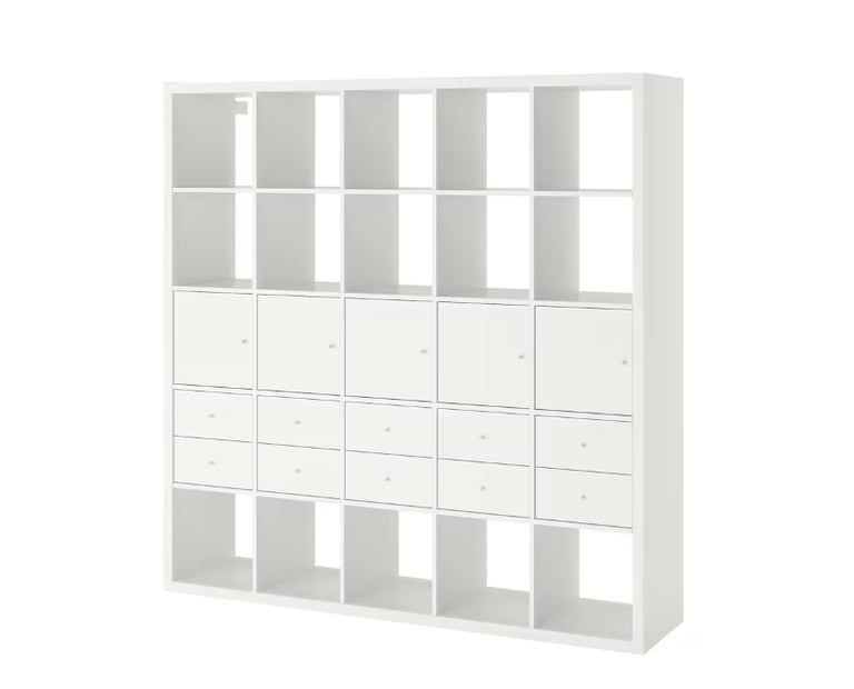 I can deliver - Great condition White IKEA KALLAX (5x5 squares) shelving unit plus 10 Inserts