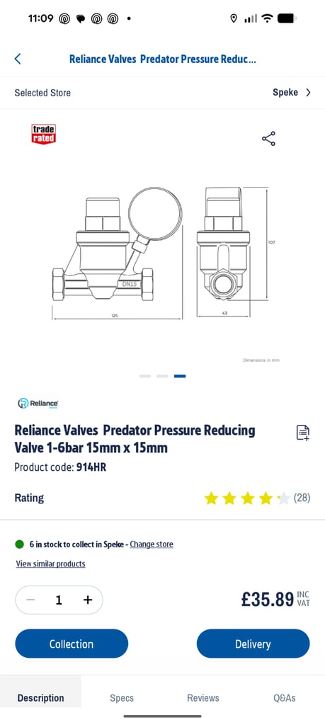  Reliance Valves Predator Pressure Reducing Valve 1-6bar 15mm x 15mm