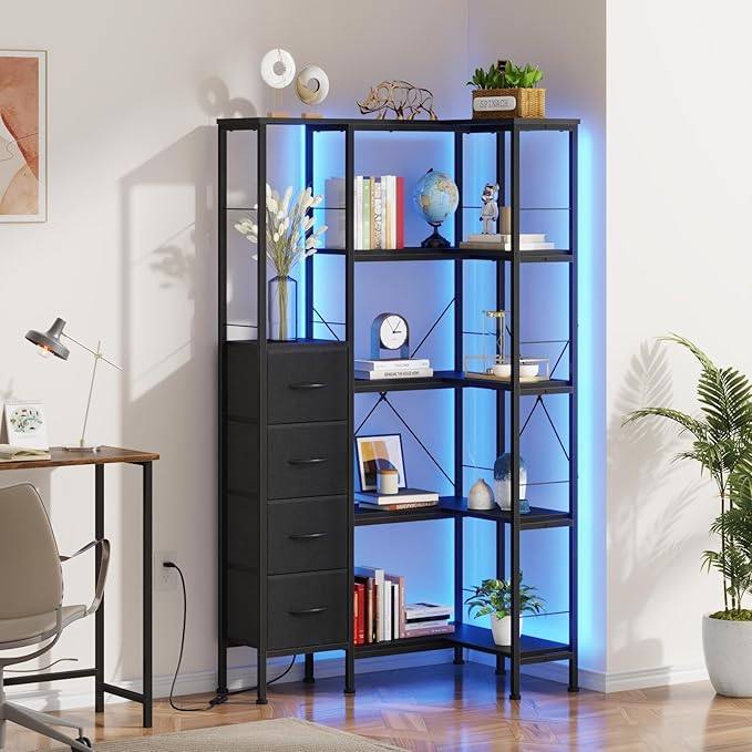 OYRREU 5-Tier Corner Bookshelf with 4 Fabric Storage Drawers