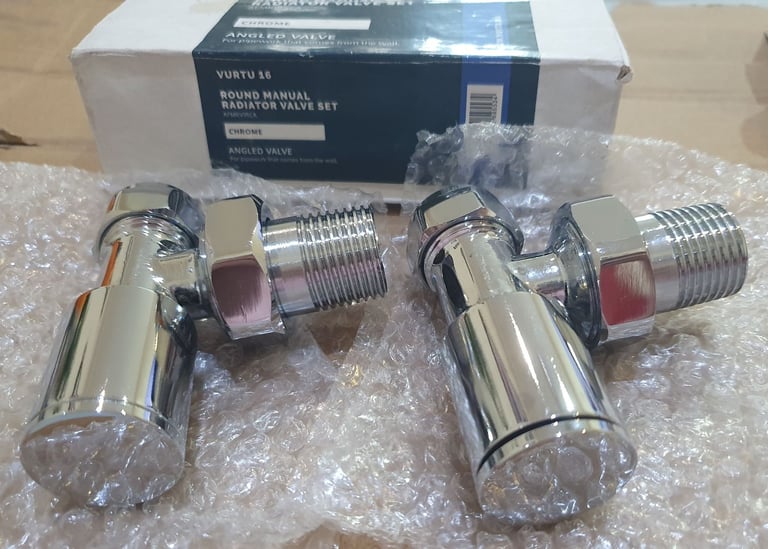 image for VURTU 16 Round Manual Angled Radiator Valve Set Pair Chrome BRAND NEW BNIB