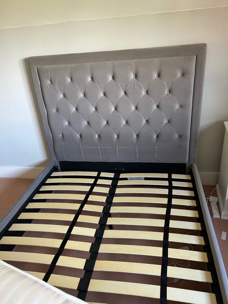 Double bed in grey faux velvet