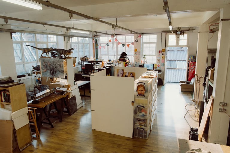 Deskspace in shared artist co-working space