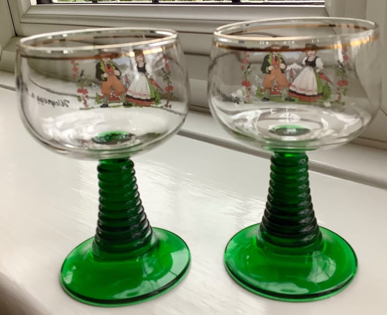 Vintage Roemer Ribbed Green Stemmed Glasses, Set of Two