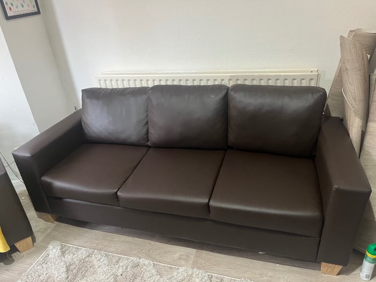 image for Modern Dark Brown Faux Leather 3-Seater Sofa – Excellent Condition