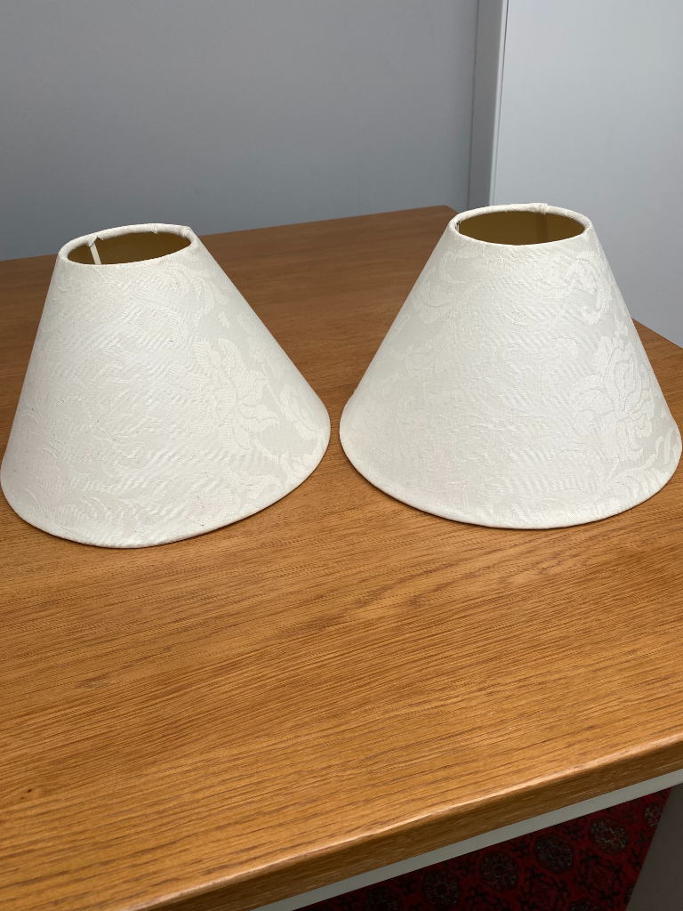 image for A PAIR OF WHITE / CREAM, SELF-PATTERNED, SMALL LAMPSHADES. VGC