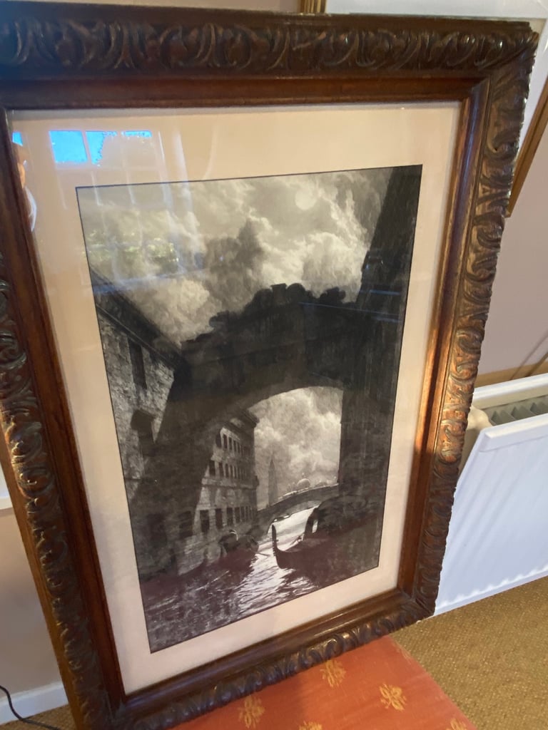 image for Large ornate oak framed etched print of Venice by David Law 