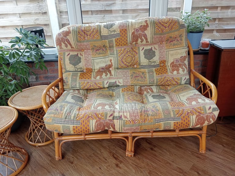 image for Wicker/cane sofa and chair + 2 small side tables