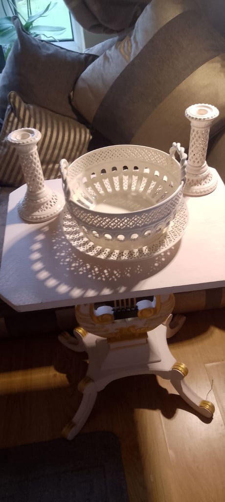 image for Royal creamware fruit bowl, plate and candle sticks