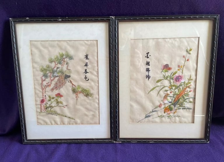 image for Vintage Framed Chinese Silk Embroidered Scenes Peacock + Birds + Flowers x 2