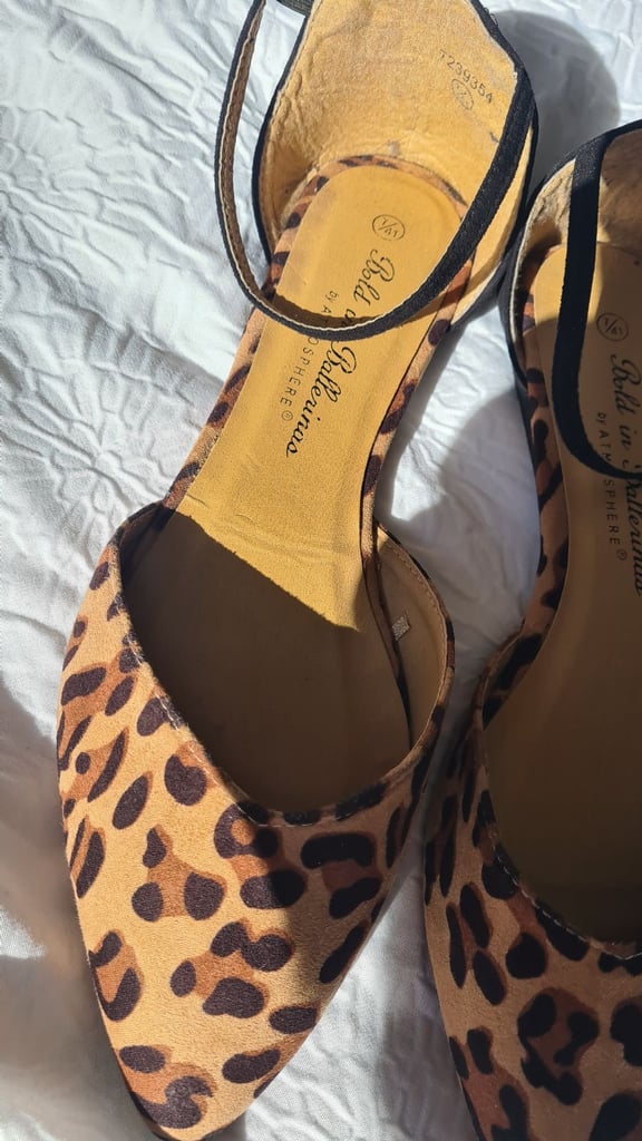 image for Bold in ballerinas by Atmosphere suede leopard print and black flat shoes uk7. Brand new