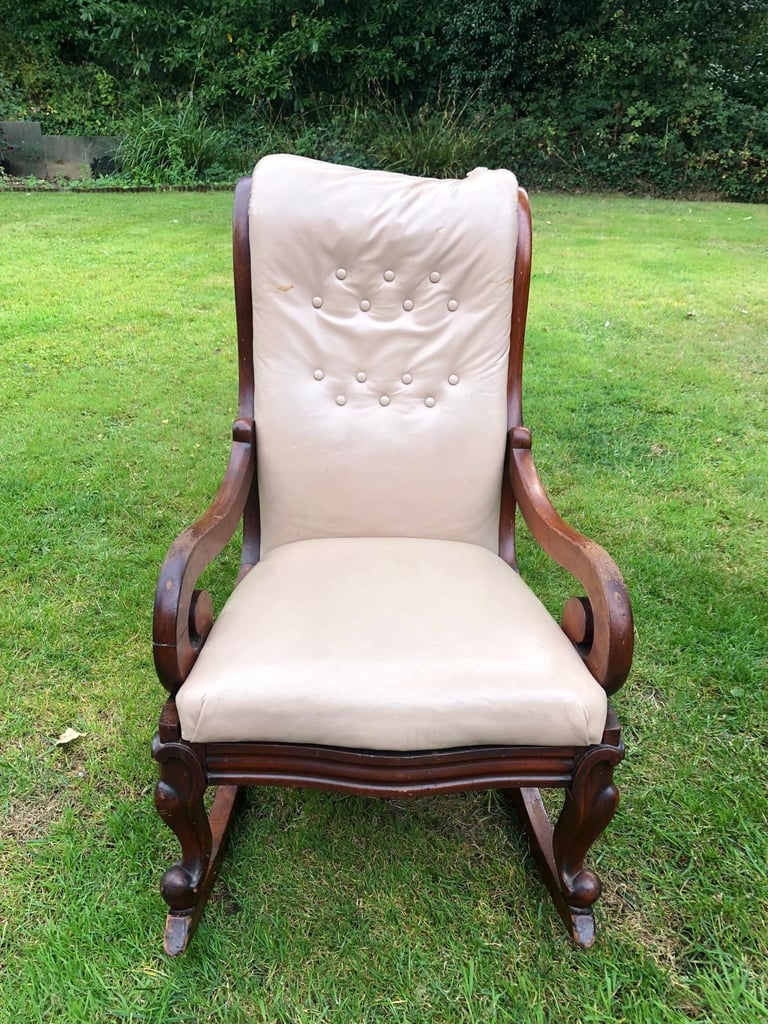 image for Old Antique Solid Heavy Wooden Scroll Detail Rocking Chair