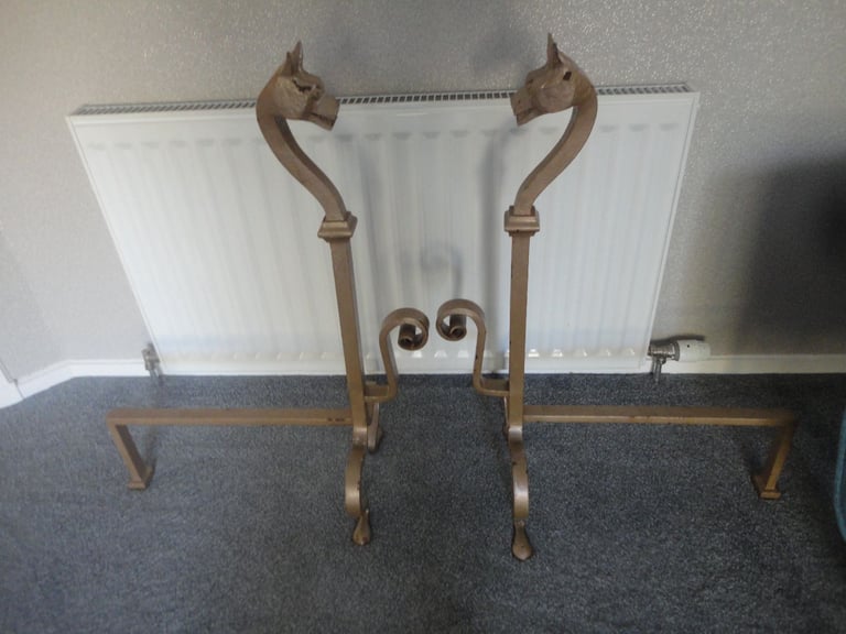 image for pair of heavy hand forged vintage ornate fire dogs , Andiron, wood burning fire 