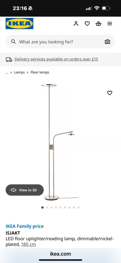 IKEA ISJAKT LED floor uplighter/reading lamp, dimmable/nickel-plated, 180 cm