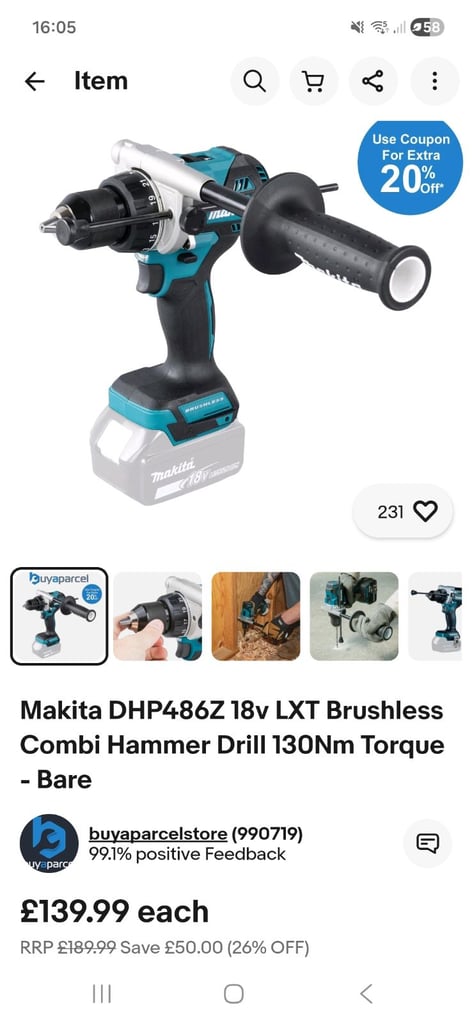 Makita 18v lxt brushless dhp486 have duty combi drill with genuine battery and charger 