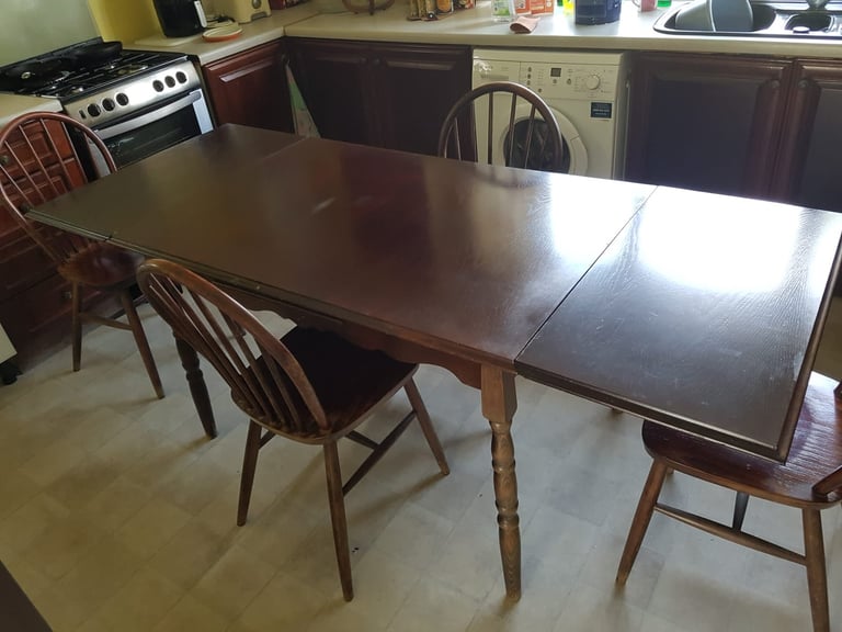 Wooden kitchen extendable table and 4 chairs dark wood 
