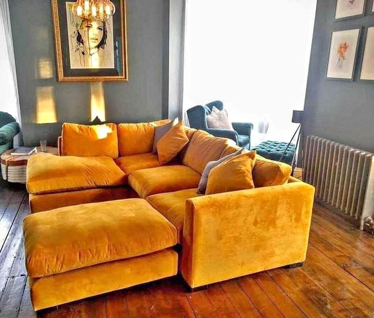 image for Mustard 4x seater high back corner sofa / footstool