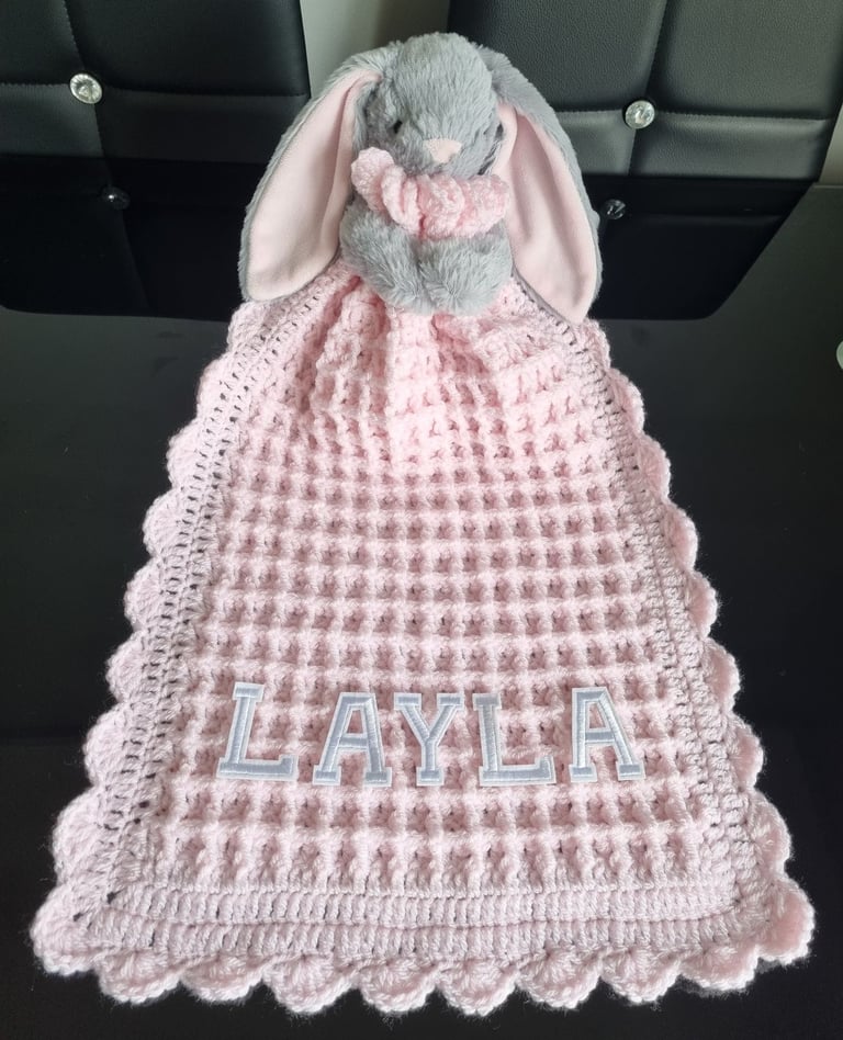 Crochet Baby Comfort Blanket, Personalised, Girls and Boys colours available