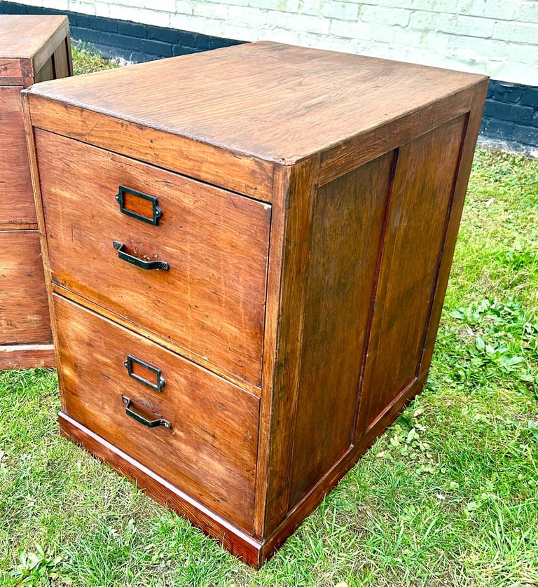 Pair 1950s two drawer filing cabinet bedside wooden desk industrial antique vintage library office