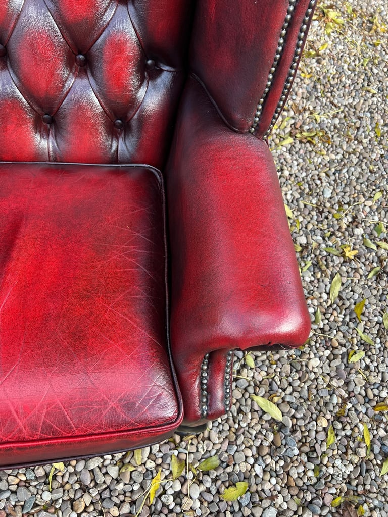 Beautiful Chesterfield Oxblood Leather Queen Anne Chair