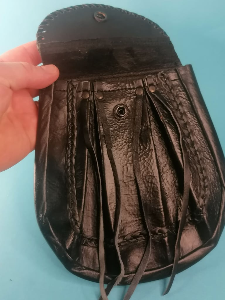 Vintage style Scottish Kilt Black Leather Sporran. With Lace Tassels. No chain belt