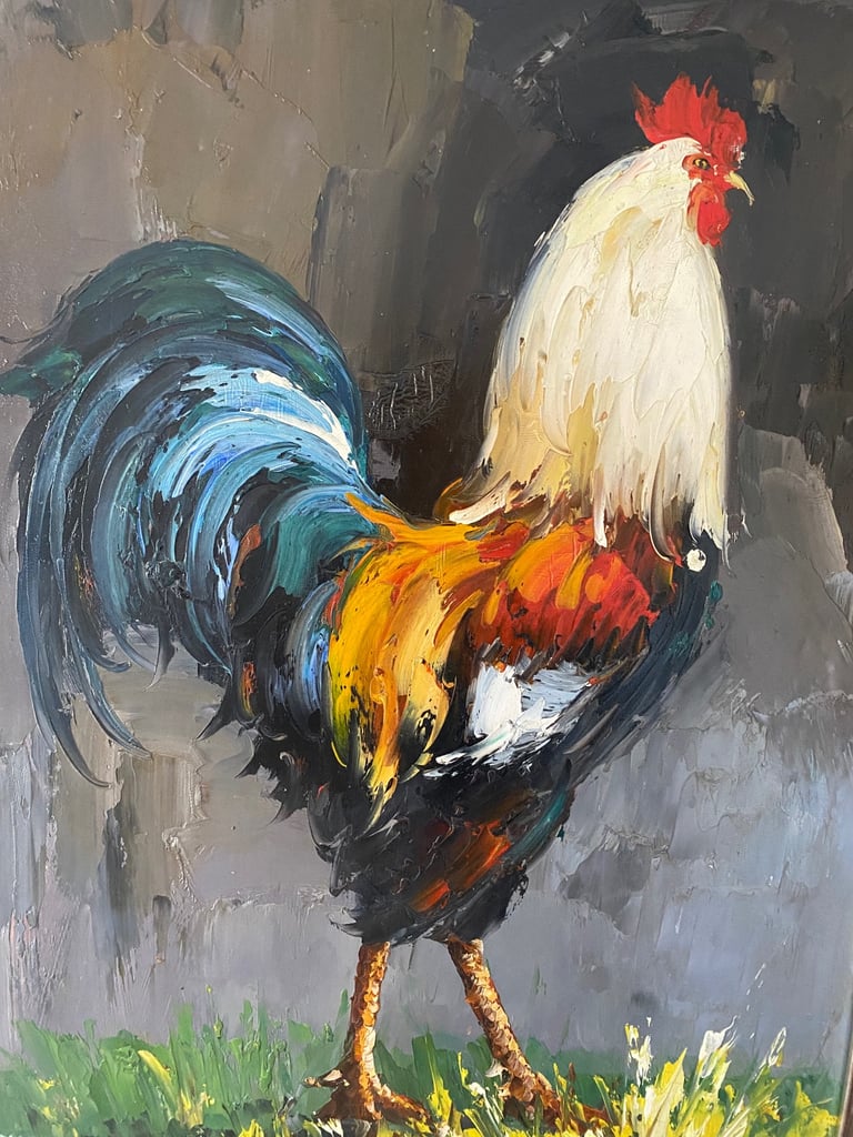 Large Framed Original Painting of Cockerel  