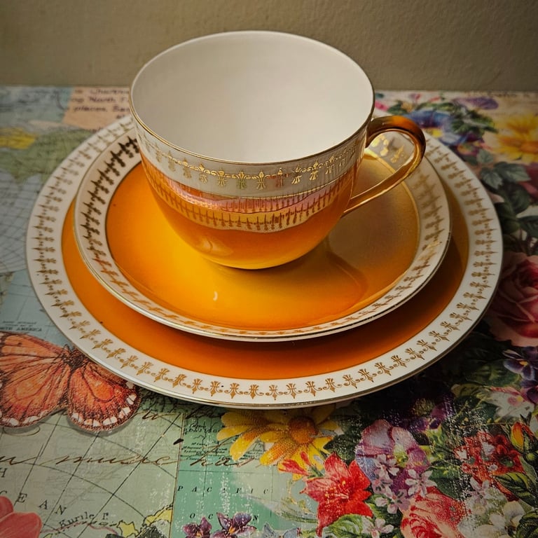 Vintage "Victoria China" Lustre Orange Tea Cups, Saucers & Cake Plates - Set of 5