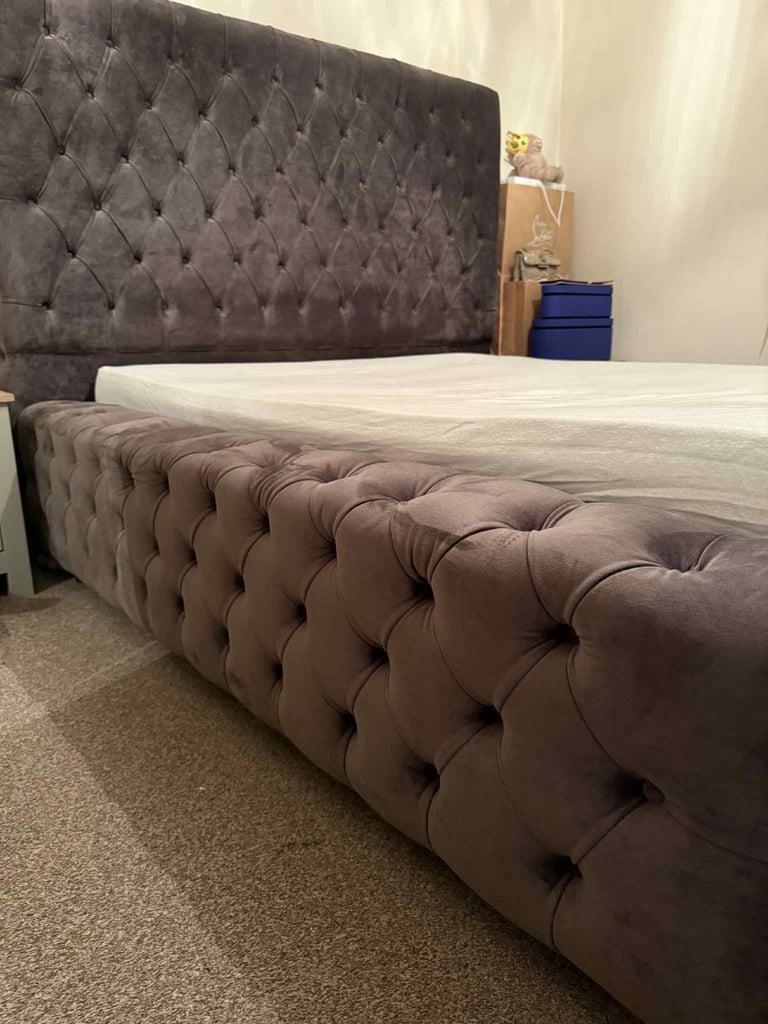 image for Double bed frame Grey velvet Chesterfield style!