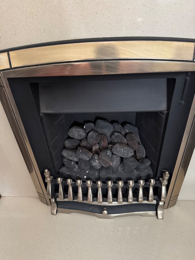 Wood fire surround marble heart and gas fire 