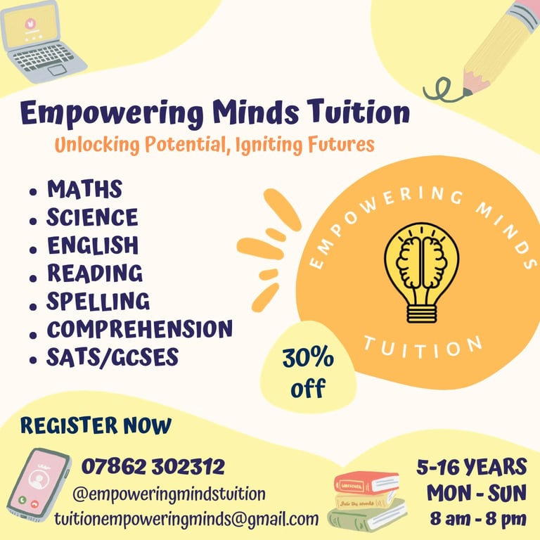 Tuition (KS1 - GCSE) English/Maths/Science with Qualified Teachers