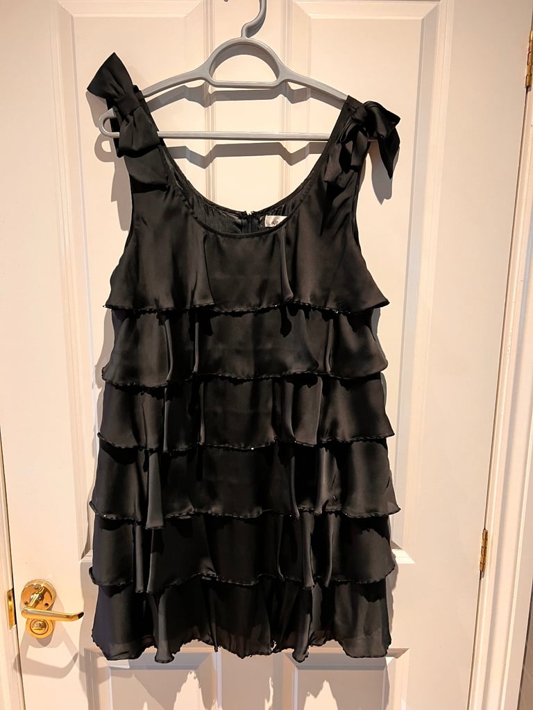 image for Black ruffle layer dress with sparkly beads to accentuate and bows on the straps 