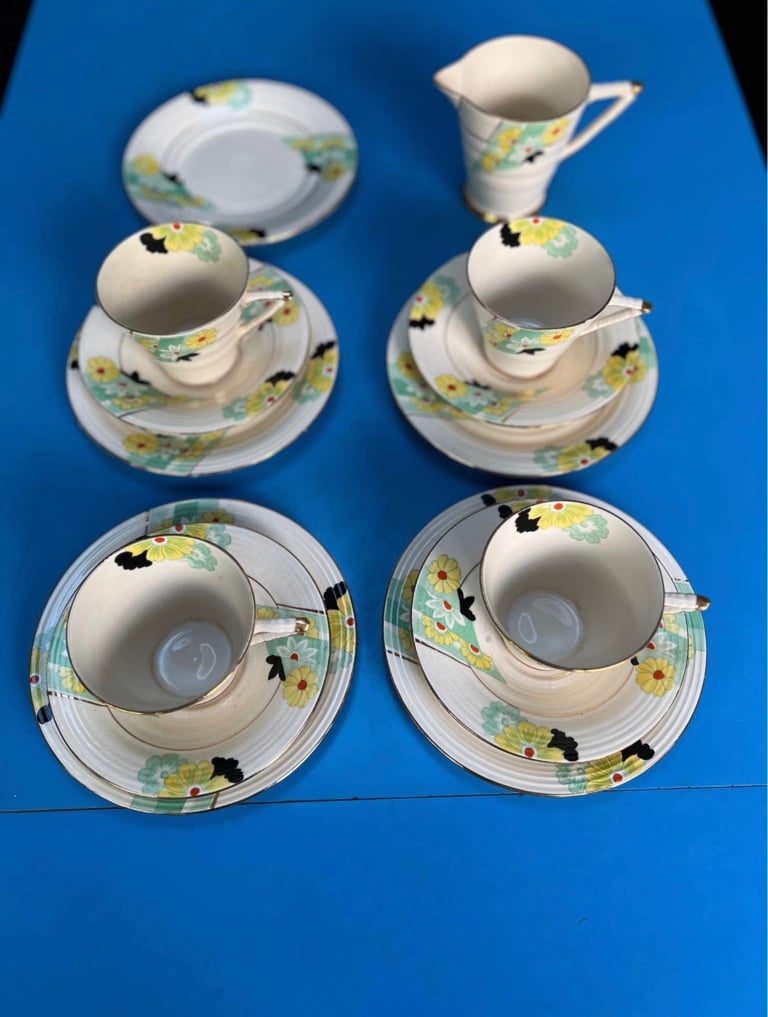 1920s Art Deco Tea Cups - 4 Trios + Milk Jug