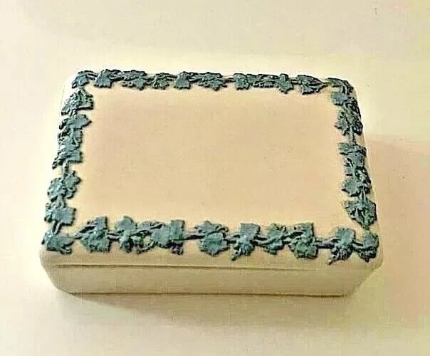 image for Vintage Wedgwood Embossed Blue & White Queen's Ware Trinket Box 