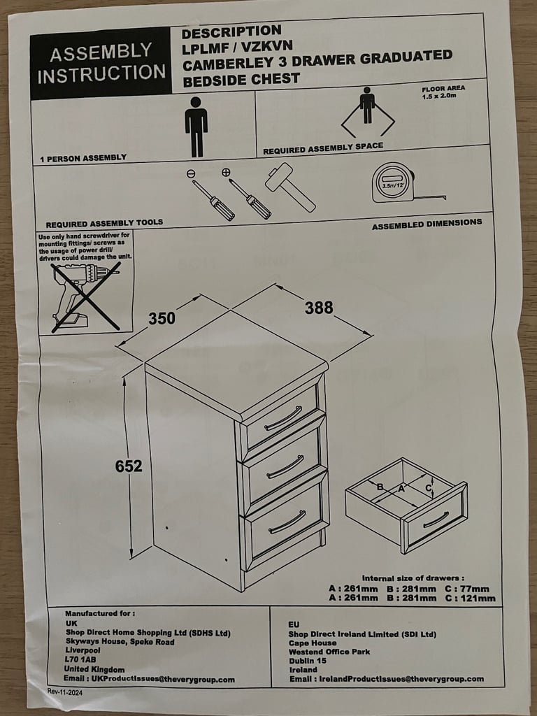 Camberley 3 drawer bedside chest 